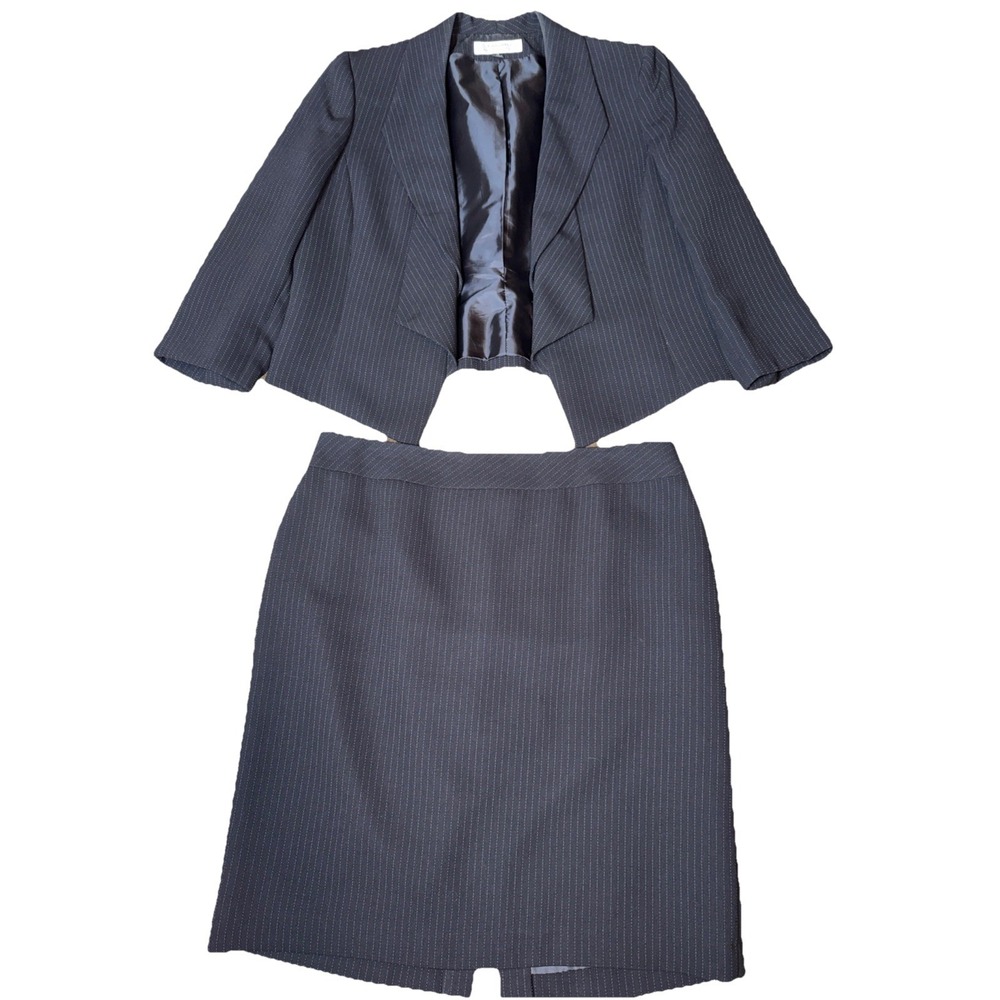 Tahari Arthur S Levine Skirt Suit 16 Black White Open Blazer & Knee Length Skirt